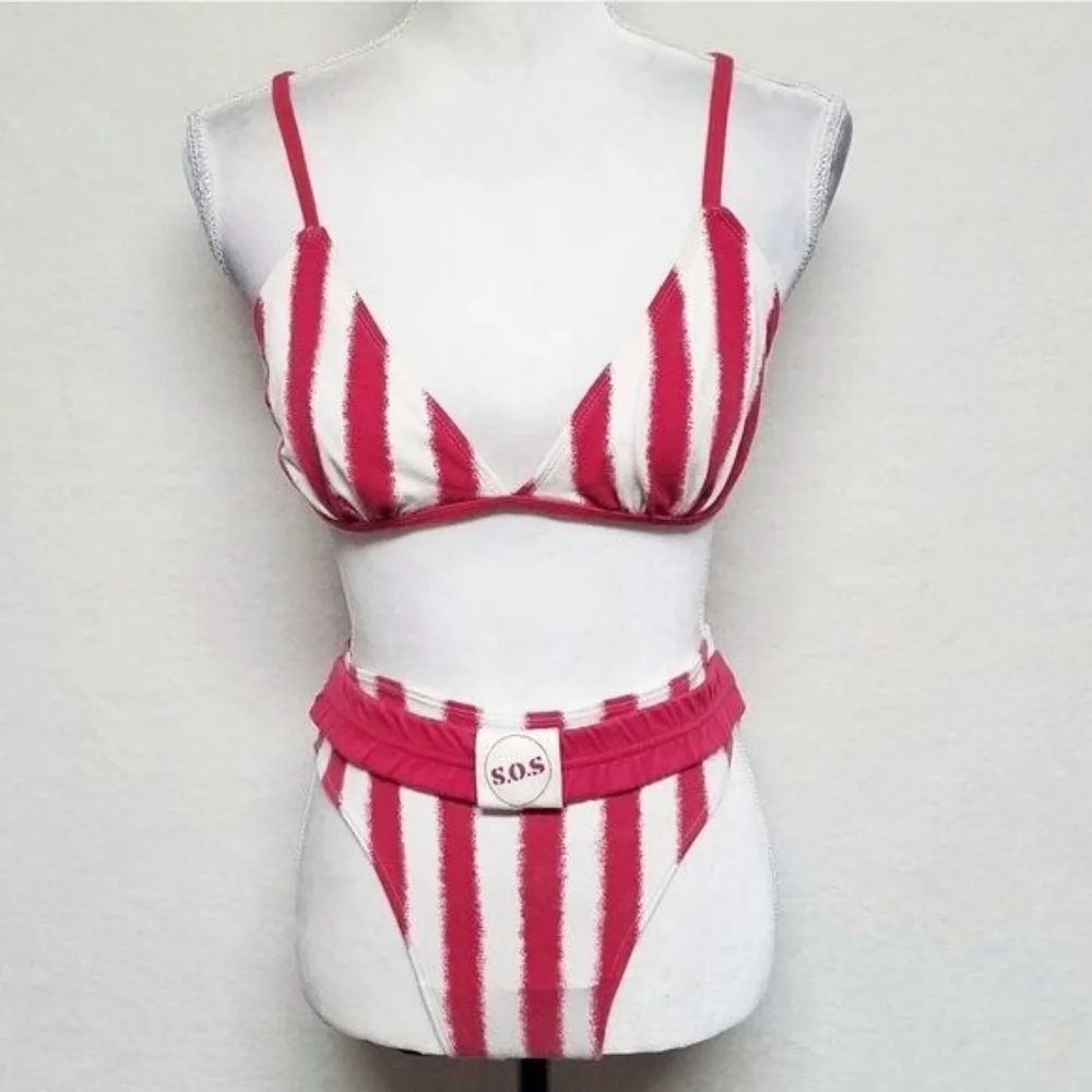 Rare Vintage Gitano SOS Red Striped High Waist Brazilian Triangle Bikini Set L